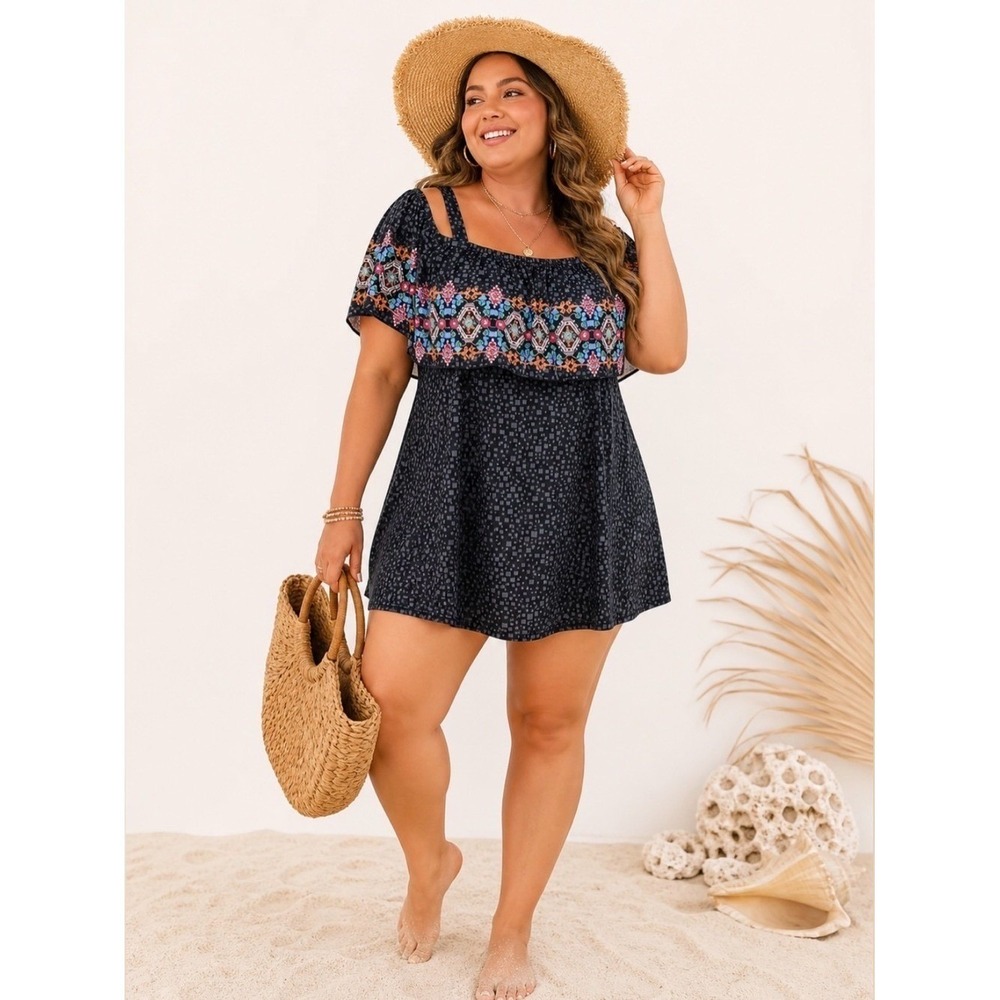 Fit 4 U NEW Women 16W Black Multi Geometric Ruffle One Piece Swim Dress